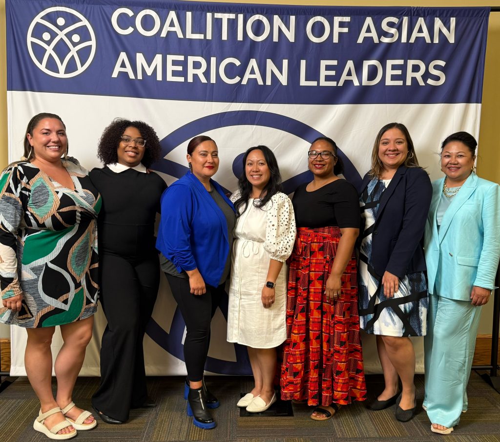 LinkingLeaders partners at a 2025 CAAL-led community discussion on claiming racial identity and cultivating solidarity. From left to right: Baswewe Gayle, Shanaya Dungey, Nikki Pieratos, Yer Yang, Jaralyn Roberts, Brenda Sanchez, ThaoMee Xiong; Irma Marquez Trapero not pictured.